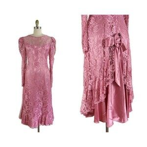 Vintage 1980s Ethereal Pink Lace and Satin Dress with Illusion Neckline Size S/M
